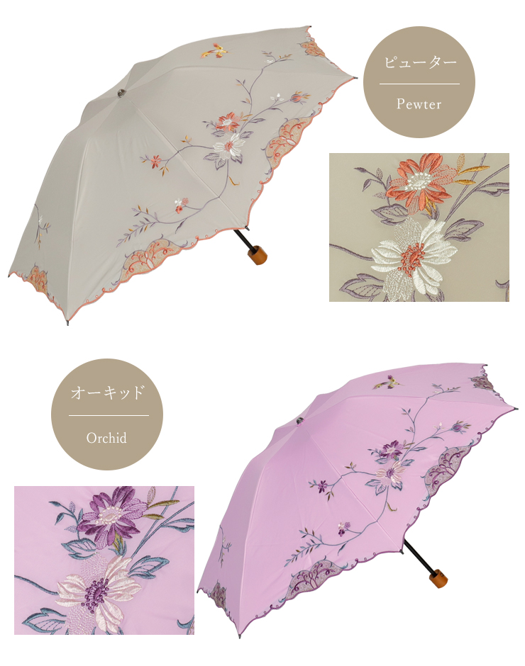 二重張り総刺繍シリーズ「優雅刺繍 二重張りミニ折りたたみ日傘」