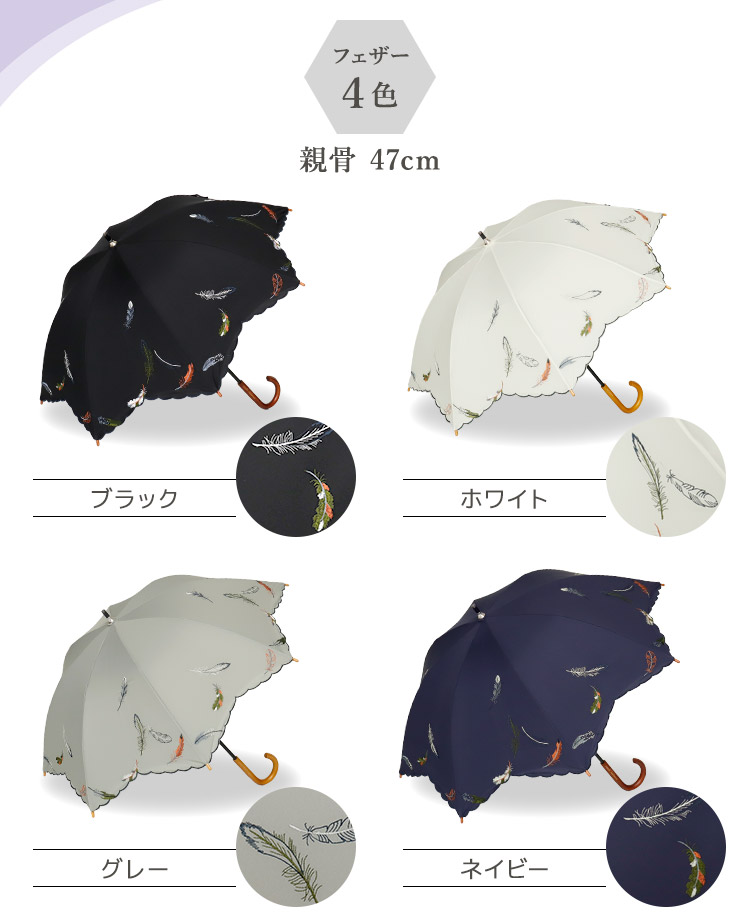 女優日傘シリーズ「優雅刺繍 ショート長日傘」羽 ネイビー