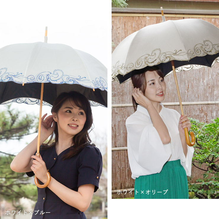 スワロフスキー&ペイズリー刺繍かわず張り長日傘 ホワイト