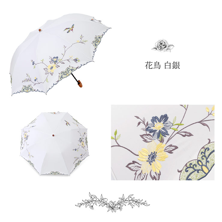 女優日傘プレミアム 「かわず張りショート折りたたみ日傘」 ＊傘袋つき　花鳥・白銀