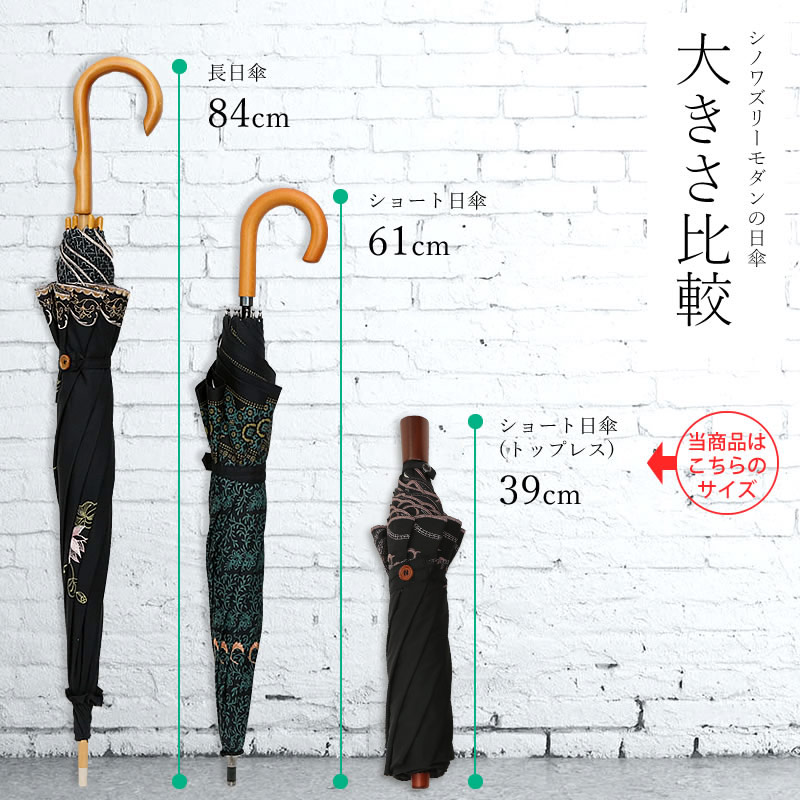 シノワズリーモダンの日傘　大きさ比較　ショート日傘（トップレス）39cm