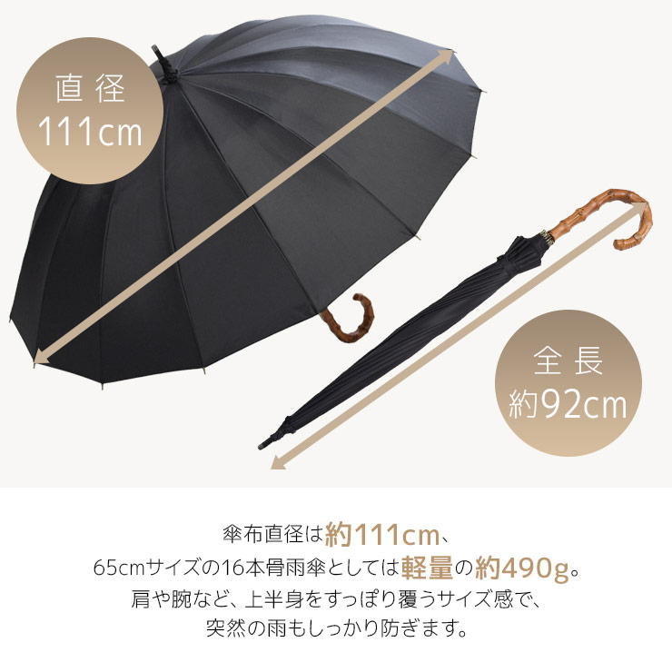 傘布直径は約111cm、65cmサイズの16本骨雨傘としては軽量の約490g
